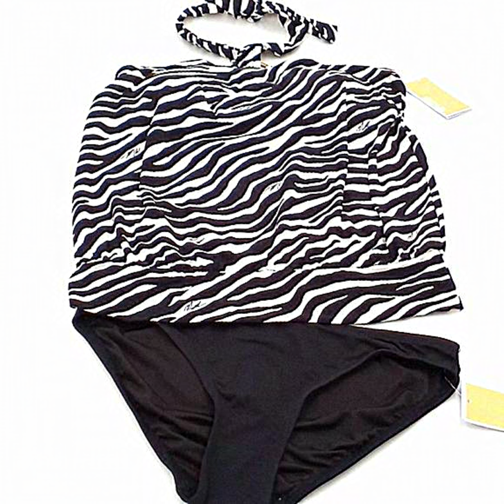 Michael Kors Logo Ring Blouson Underwire Tankini Set Zebra Black S
